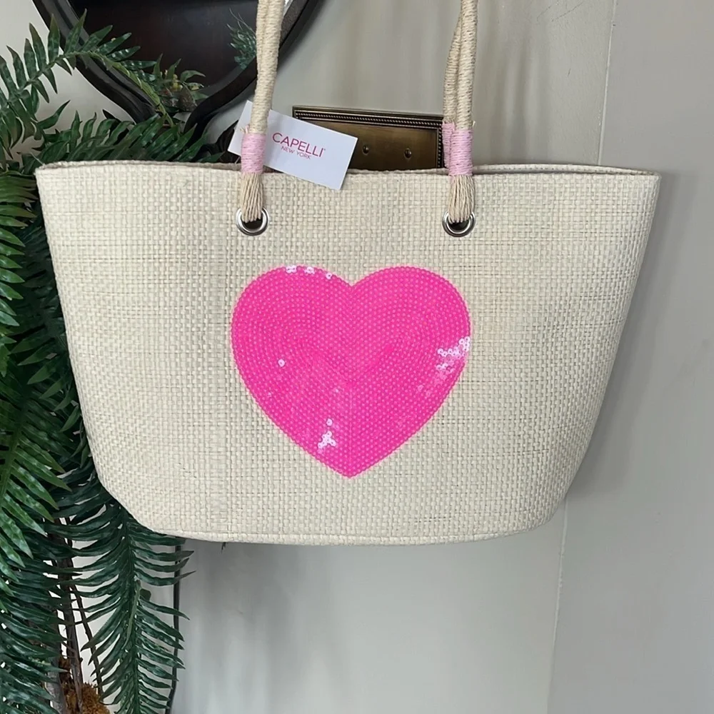 Brand New Capelli Straw Shoulder Bag Sequined Pink Heart Tote Snap Close Natural
